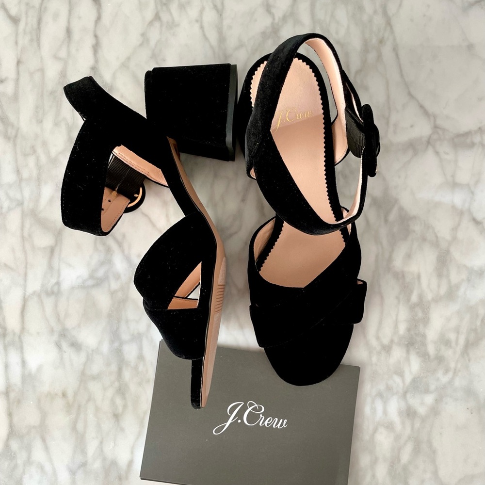NEW J Crew Penny Velvet Black Sandals with Block Heels, Size 6.5